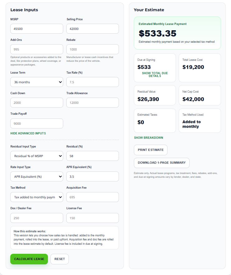 AutoshoppingIQ Lease calculator
